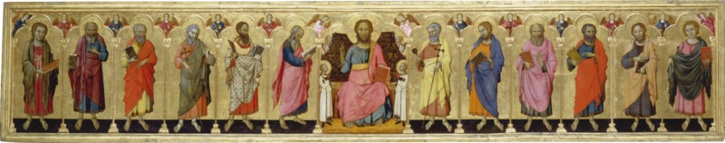 Altarpiece on both sides depicting Christ on the throne, the Twelve Apostles, and the Virgin and Child on the throne with saints